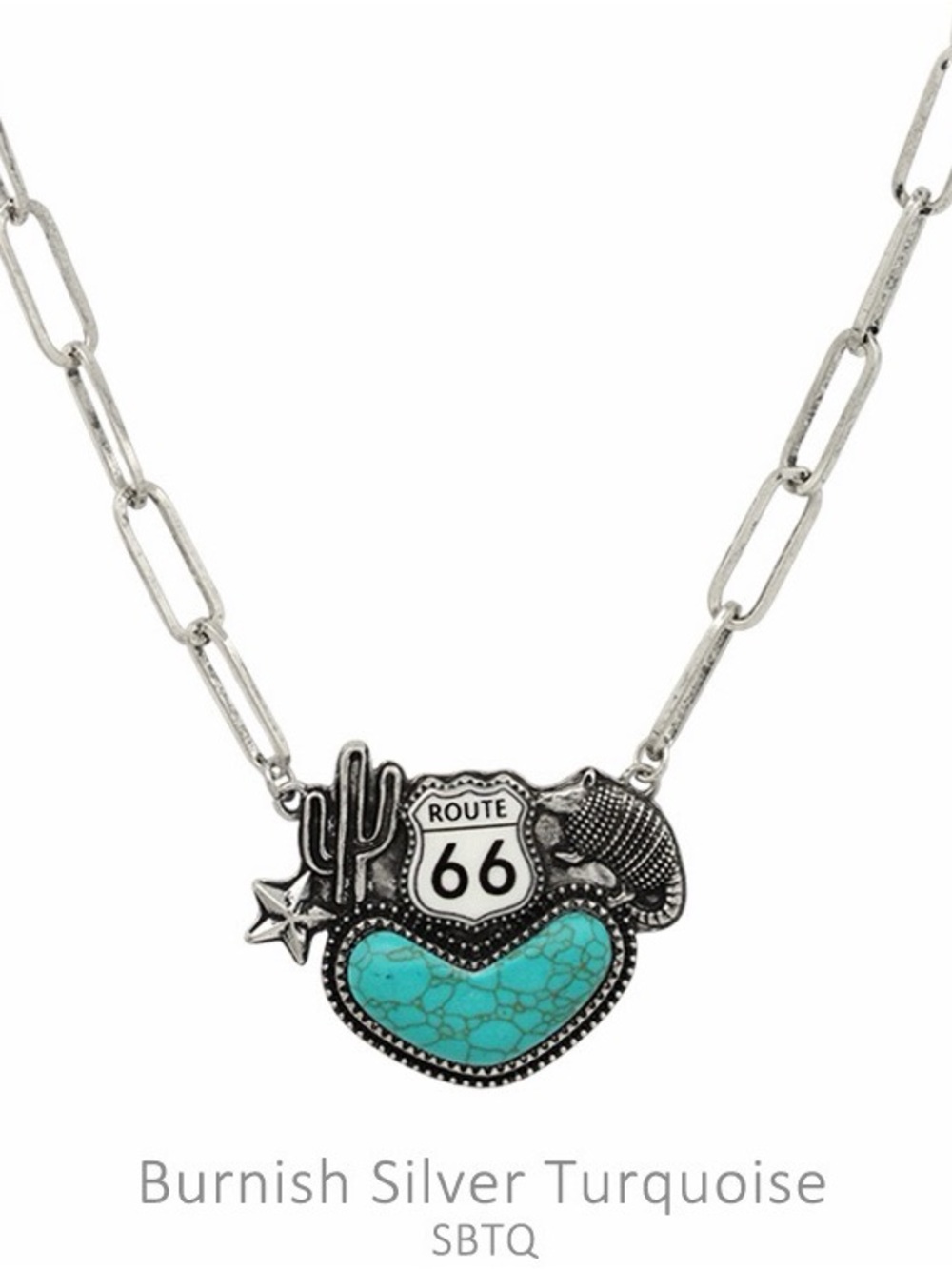 Western Fashion Burnish Silver Turquoise Route 66 Heart Necklace New